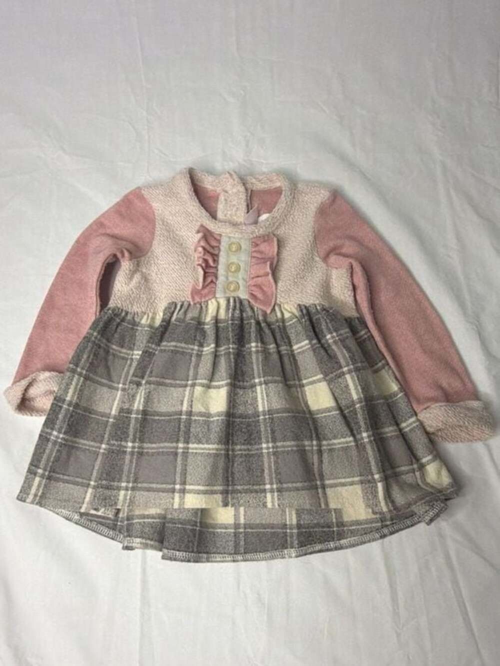 Ricrac & Ruffles Baby Girls Pink and Grey Plaid Long Sleeve Ruffle Dress